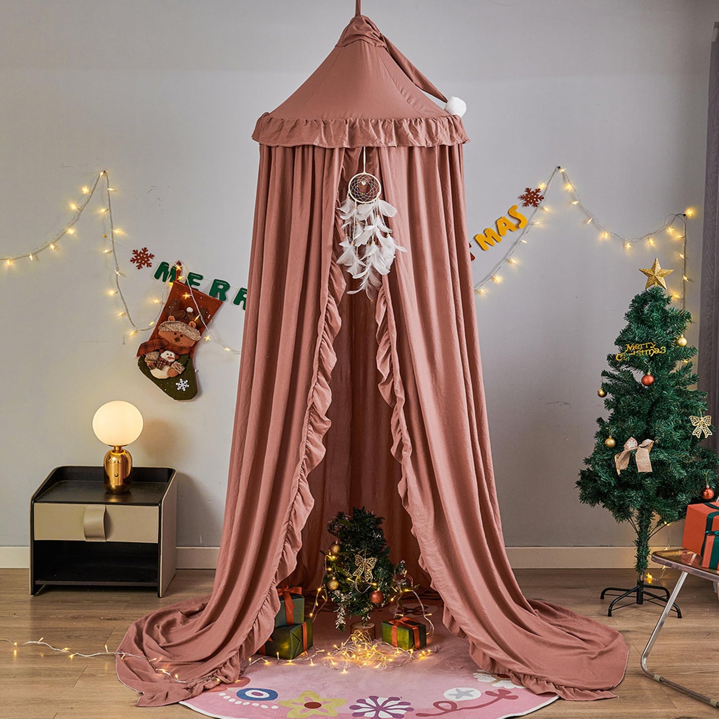 VETHIN Bed Canopy for Girls,Princess Round Dome Dreamy Mosquito Net Bedding Girls Room Castle Play Tent Hanging House Decor Reading Nook Canopies (JujubeRed)