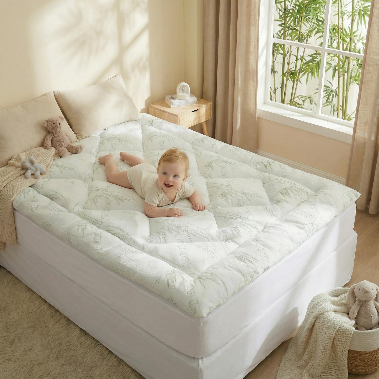 NightHug Bamboo Mattress Topper Queen Size with Deep Pocket 1700 GSM Fill Cooling Shredded Memory Foam Mattress Pad Rayon Derived from Bamboo, Ideal for Side Sleepers, Back Pain, Hot Sleepers
