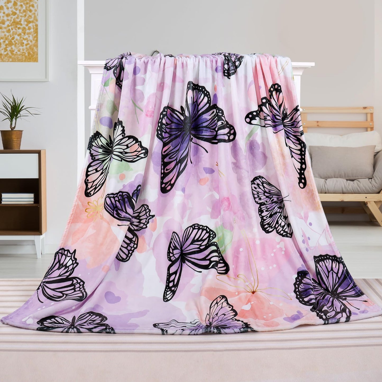 Butterfly Throw Blanket for Women Purple Butterflies Print Blanket Girl Gifts Blanket Soft Fuzzy Flannel Fleece Throw Blanket for Bed Couch 50” x 60”