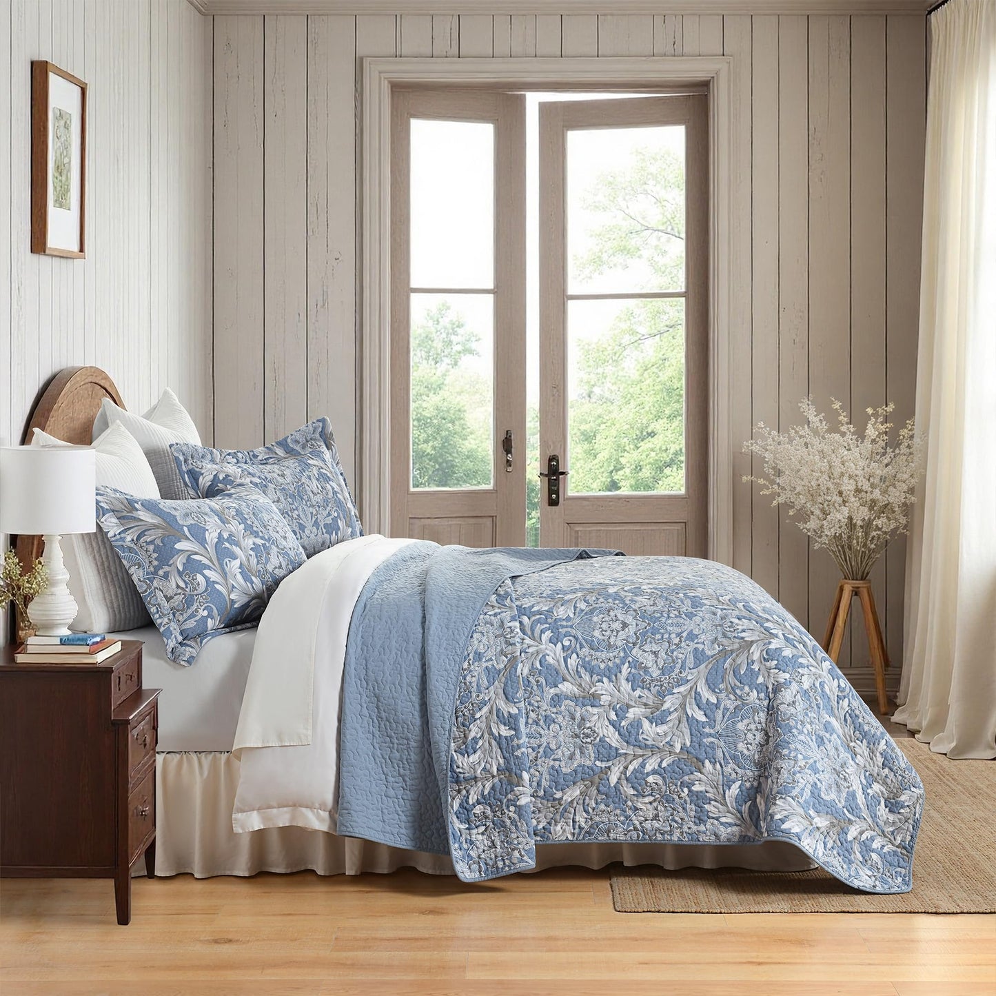 BCOTTOND King Size Quilt Set - Dusty Blue and Gray Quilt Set King, 100% Cotton Floral Bedspread Set 3 Piece, Classic Damask Bedspread, Reversible Lightweight Quilt Bedding Set