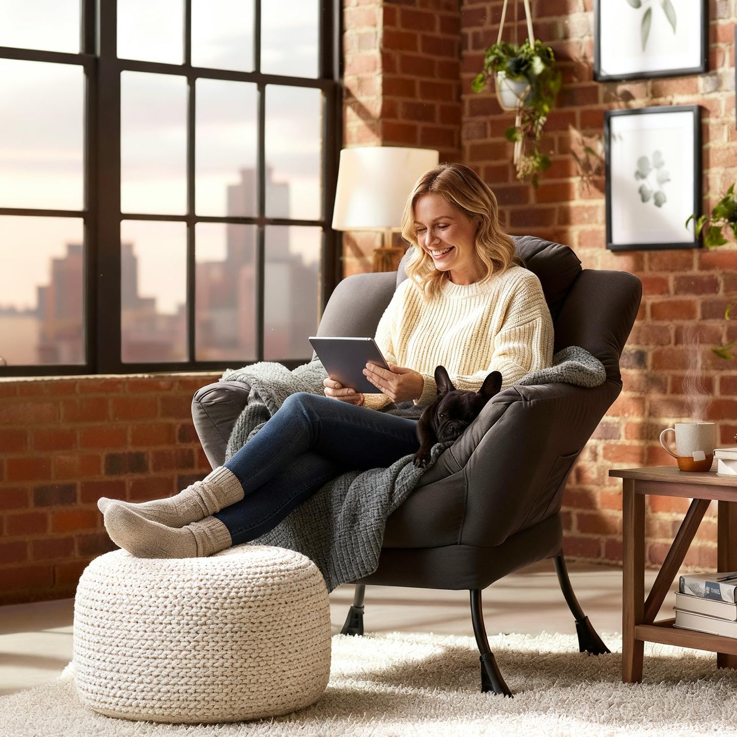 HomEastlly Lazy Chair, Large Accent Chair, Modern Comfy Armchair, Dark Grey Chair for Living Room Bedroom Dorm Room Office Apartment Reading Relaxing Use