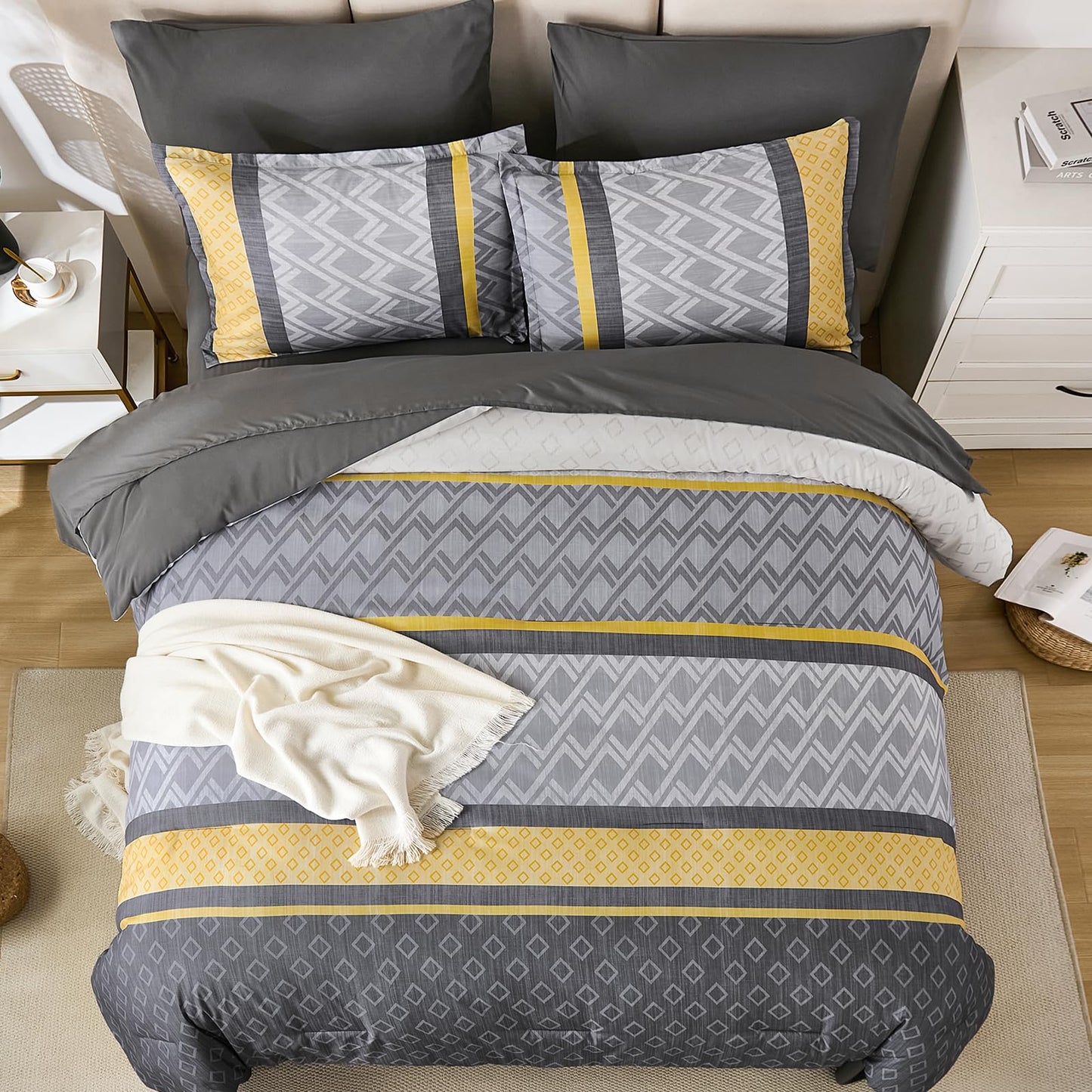 Cottolester Queen Comforter Set 7 Pieces,Yellow and Grey Boho Striped Bed in a Bag,Soft Microfiber Complete Bedding Sets