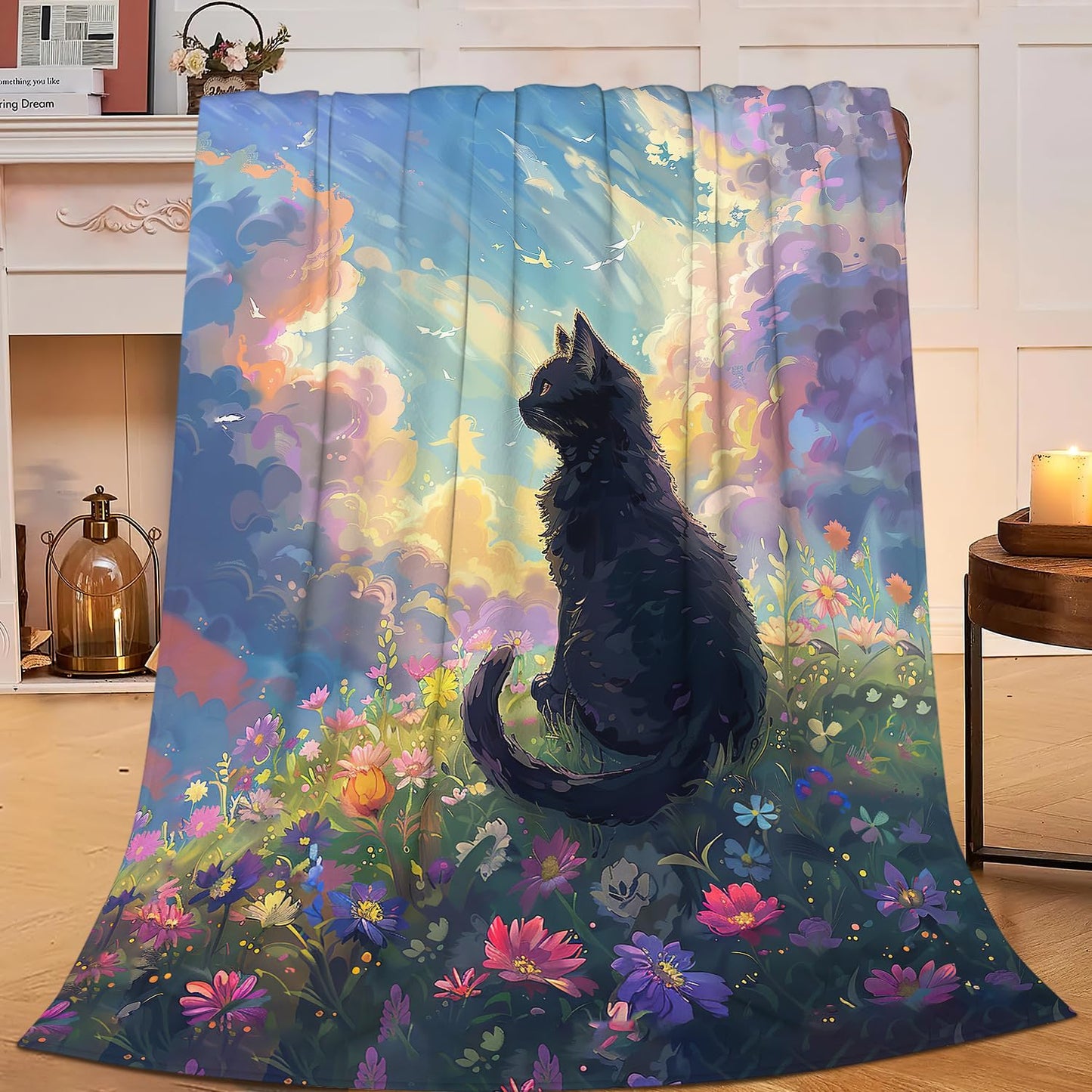 Cute Black Cat Throw Blanket Anime Cat Flannel Blankets Wild Landscape Fuzzy Plush Super Soft Cozy Warm Decor Gifts for Boys Girls Kids Adults Men Women 40" x 50"