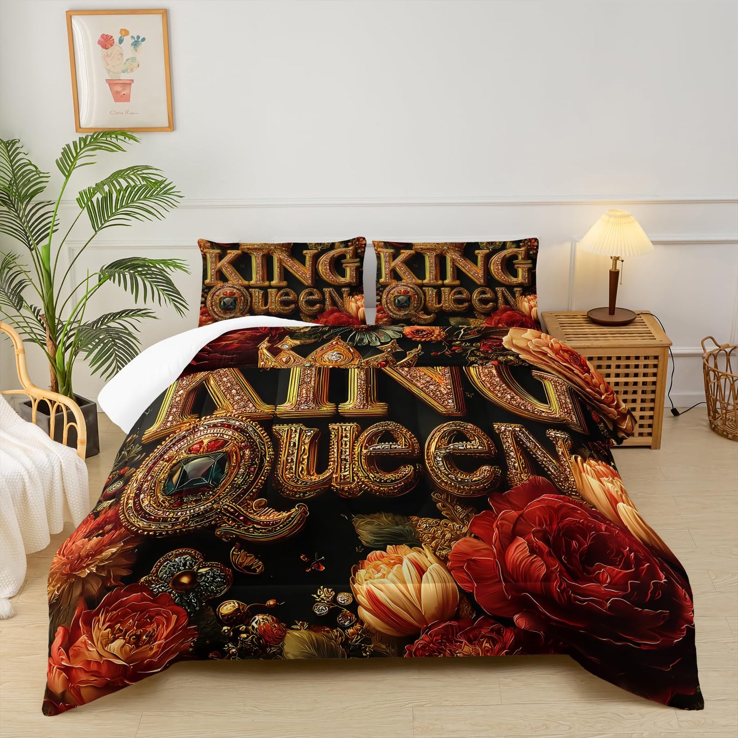 lneffble King and Queen Comforter Set Black and Gold，King and Queen Bedding Set，Red Floral Quilt Set Twin Size，with 1 Comforter with 2 Pillow Case