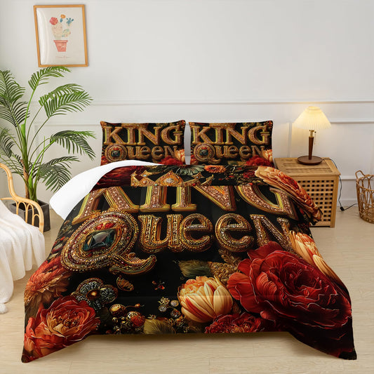 lneffble King and Queen Comforter Set Black and Gold，King and Queen Bedding Set，Red Floral Quilt Set Twin Size，with 1 Comforter with 2 Pillow Case