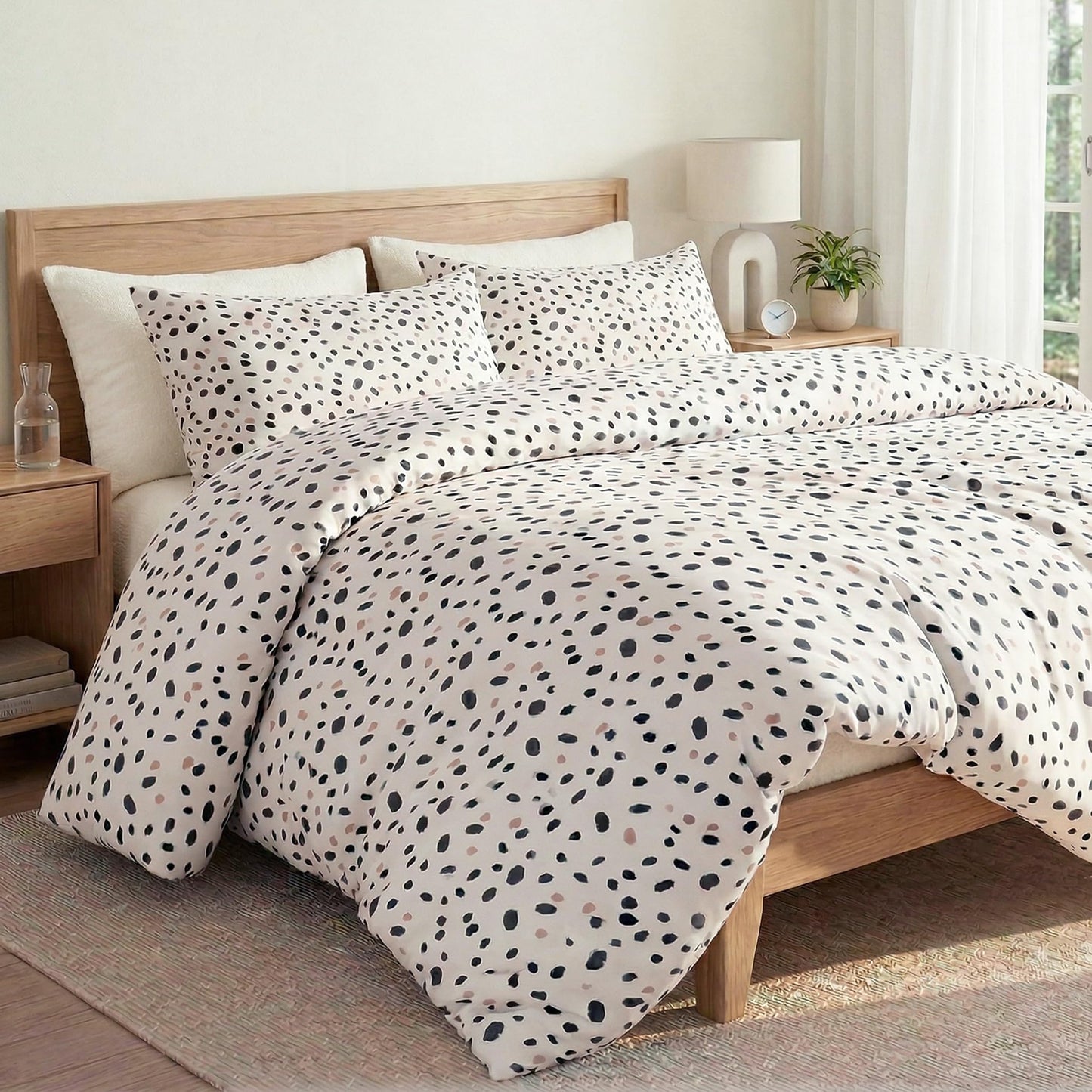 Cozaline 100% Cotton Duvet Cover Queen Size, Pink and Brown Dalmatian Spotted Bedding Set with Zipper Closure, Modern Irregular Speckled Comforter Cover with 2 Pillowcases for All Seasons