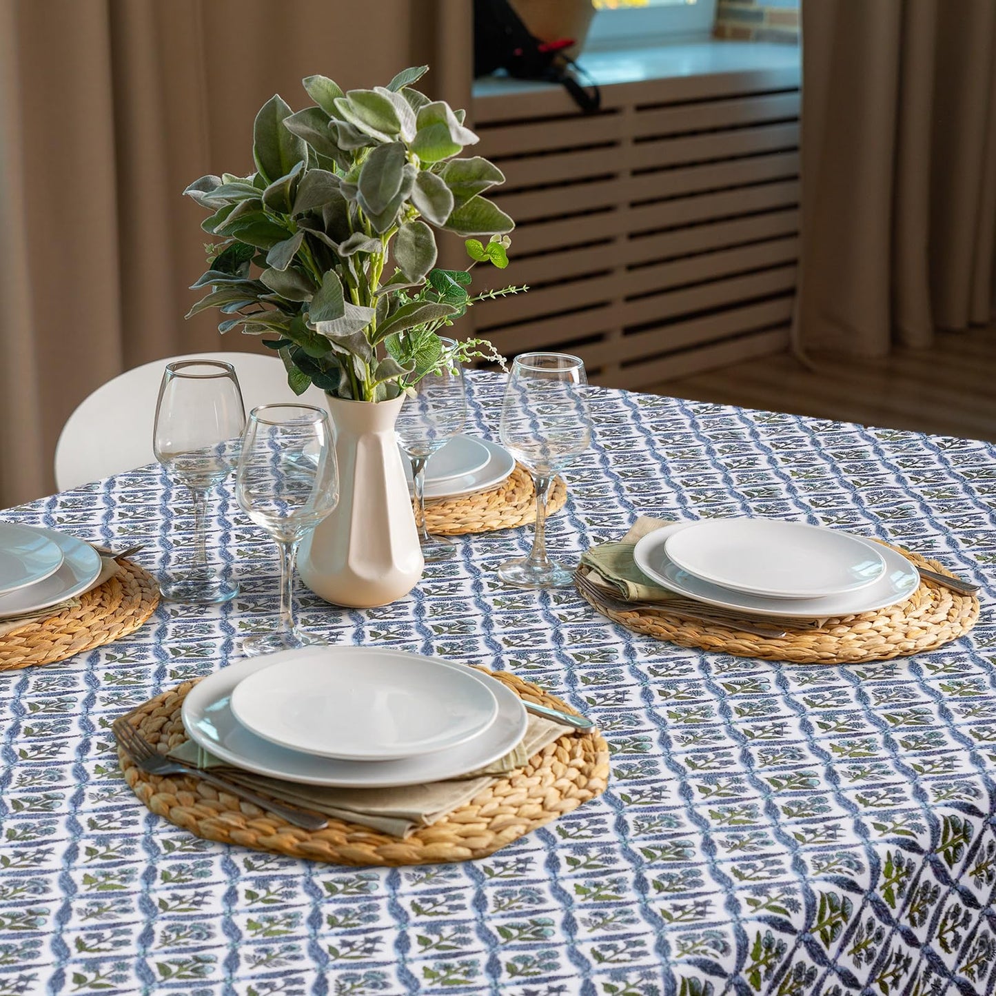Newtay 60'' x 90'' Cotton Tablecloth Handmade Cotton Floral Tablecloth Washable Print Rectangle Table Cover with Dust Proof Wrinkle Resistant for Kitchen Dining Party Buffe(Light Steel, Blue)