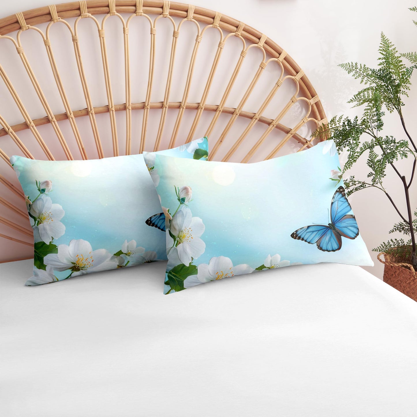 CCoutueChen Kids Twin Size Butterfly Floral Comforter Set, 2 Pcs Blue Botanical Flowers Soft Bedding for Girls, Warm Microfiber Country Bed Set with 1 Pillowcase, 68"x86"