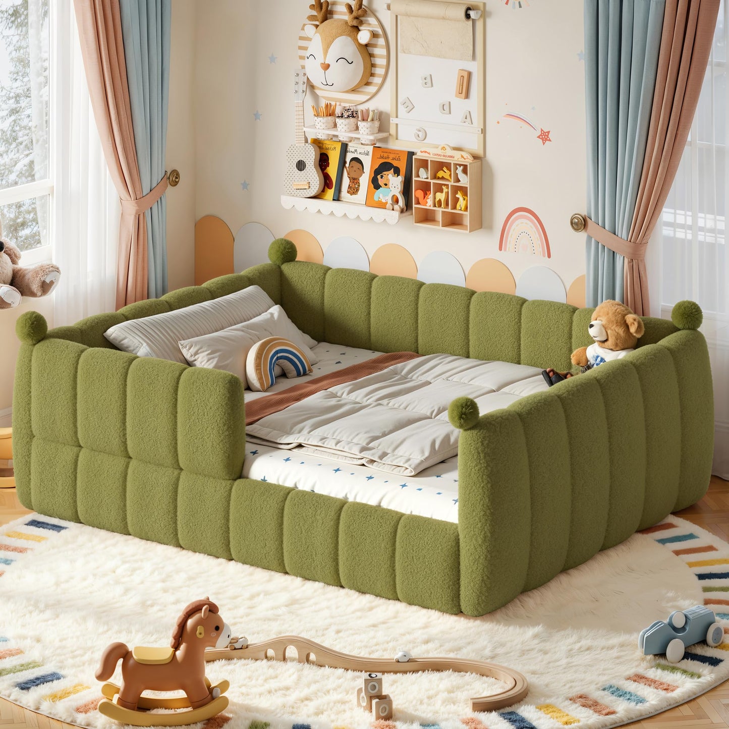 Bellemave Queen Size Teddy Fleece Upholstered Montessori Floor Bed with Fence,Low Profile Kids Bed Frame with Full Padded Safety Guardrails, No Box Spring Needed for Boys and Girls,Green