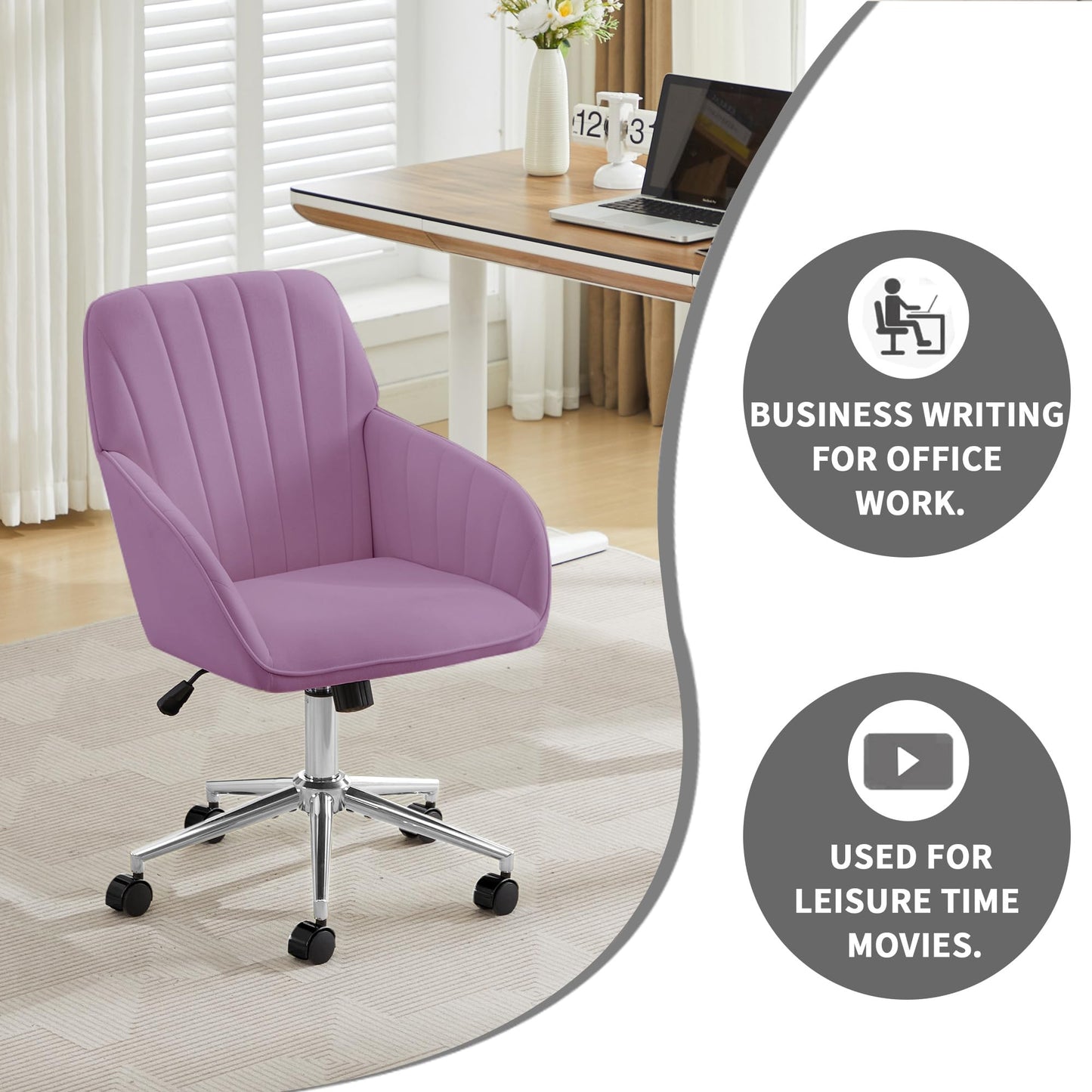 YITAI Velvet Office Desk Armchairs with Silver Base and Wheels,Modern Height Adjustable 360 Degree Swivel Upholstered Vanity Chairs for Living/Room Bedroom/Study,Light Purple