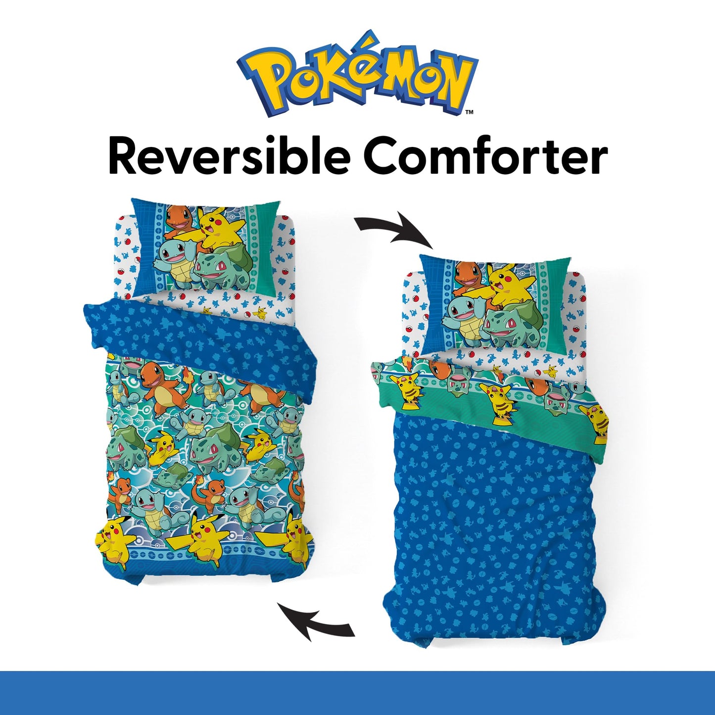Northwest Pokemon First Starters Twin Size Bed in a Bag Set, Pikachu Charmander Squirtle Bulbasaur, Kids Boys Girls Bedding Comforter Sheets