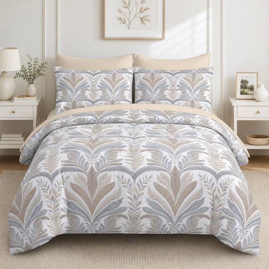 Boewywh Comforter Set Twin Size Leaf Vintage Neutral 7 Pcs, Bedding for Kids and Adults, Botanical Beige Bed Sheet Sets with Fitted Sheet 2 Pillowcases & 2 Shams for Bedroom Bed Decor