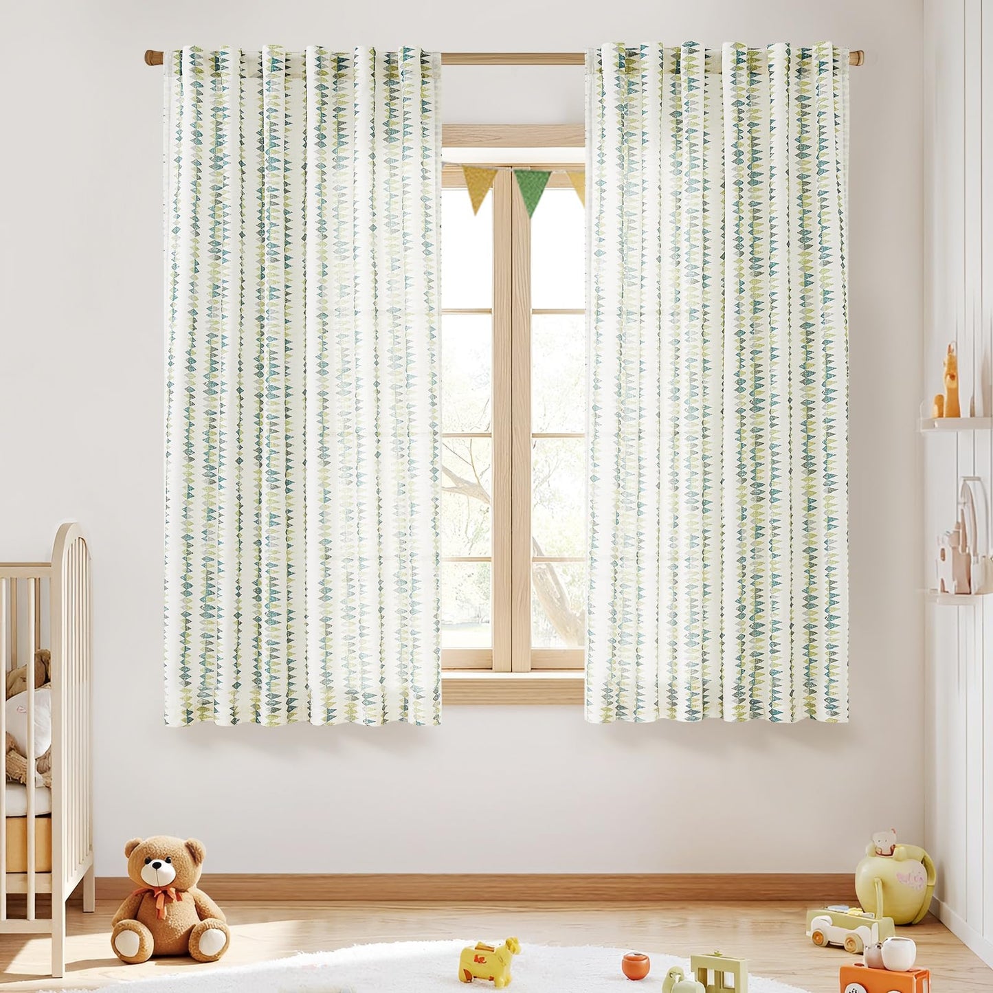 jinchan Linen Nursery Curtains for Living Room Boho Curtains for Bedroom Kids Room 63 Inches Long Geometric Printed Farmhouse Drapes Rod Pocket Window Treatment Curtain Set of 2 Panels Green