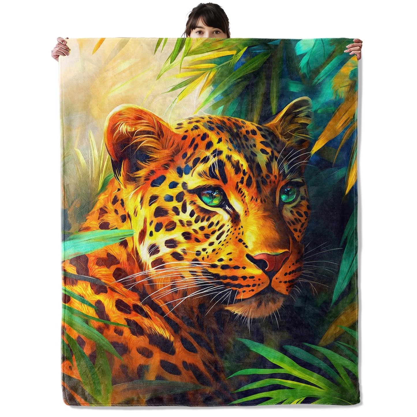 onlcuk Leopard Blanket, Cozy Flannel Tropical Jungle Botanical Blankets, All Season Soft Throw for Travel Home Decor, Lightweight Sofa Bed Throws, Gifts for Men Boys Animal Lovers, 50"×60"
