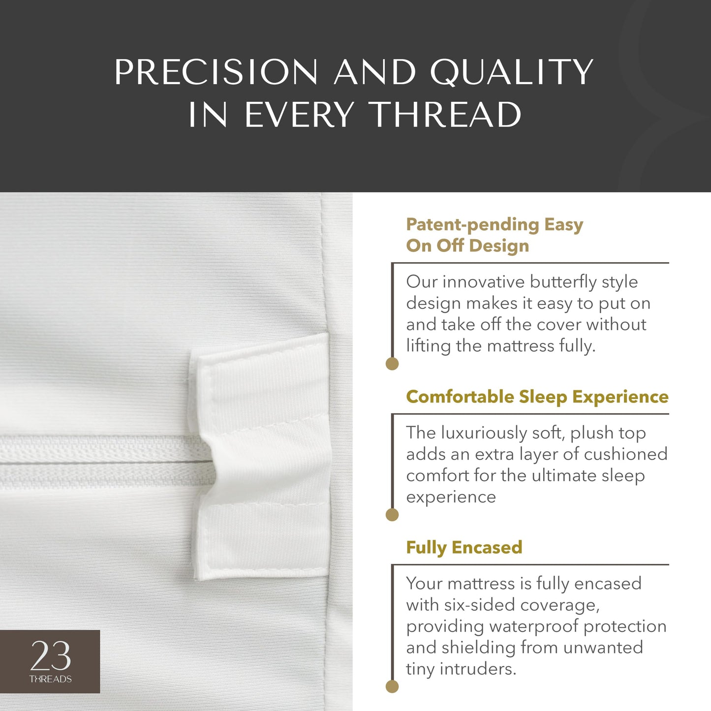 23 Threads X162 Series Soft Plush Waterproof Noiseless Mattress-Encasement, Zippered Protector Cover, Washable, with Ctrl+Z Technology, Mattress Not Included, 15 Inch Deep, Queen