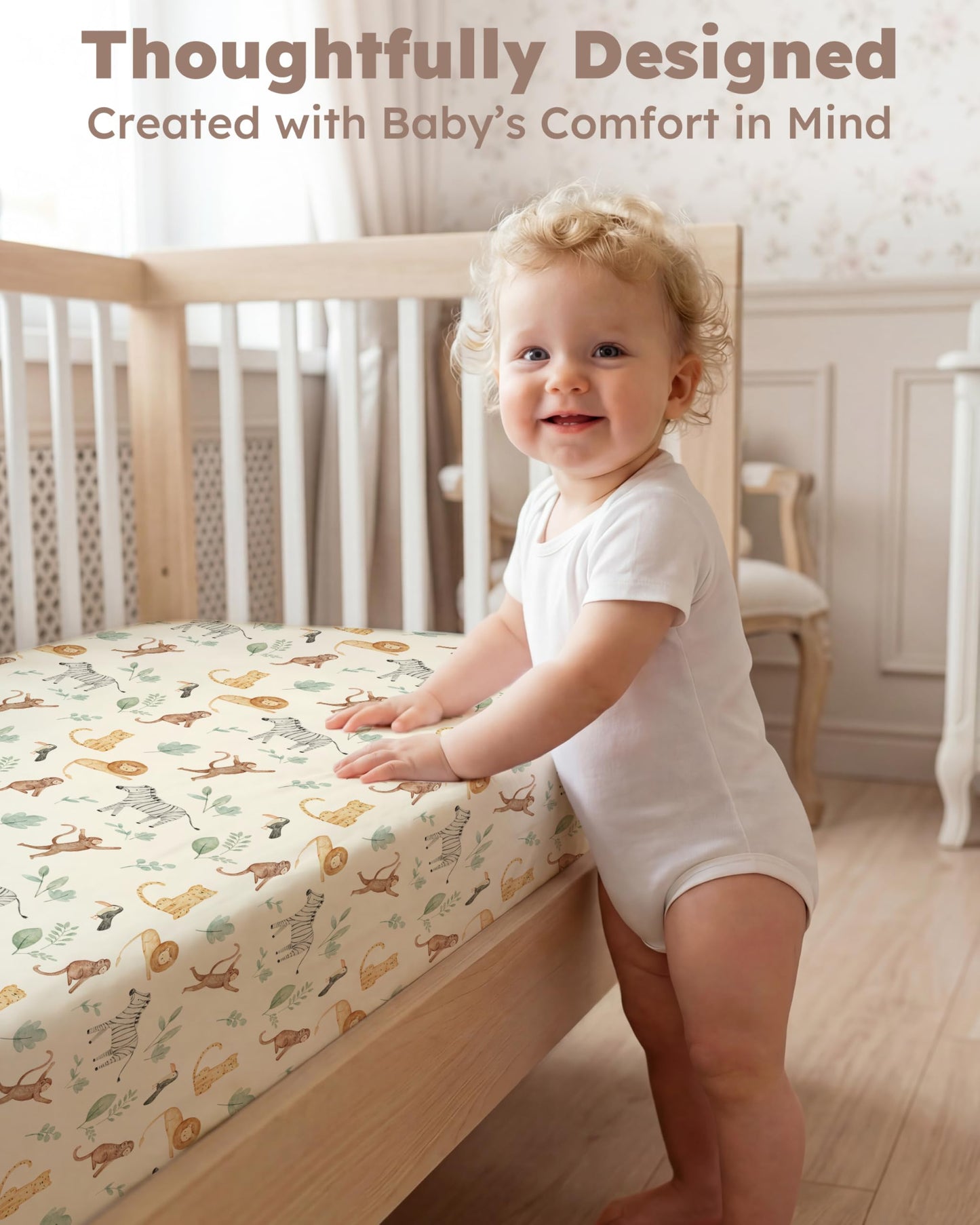 Nyessmee Baby Crib Sheets for Boys and Girls, Fitted Crib Sheets 52" x 28", Soft Breathable Microfiber Sheets for Standard Crib and Toddler Mattress, 2-Pack Striped Animals