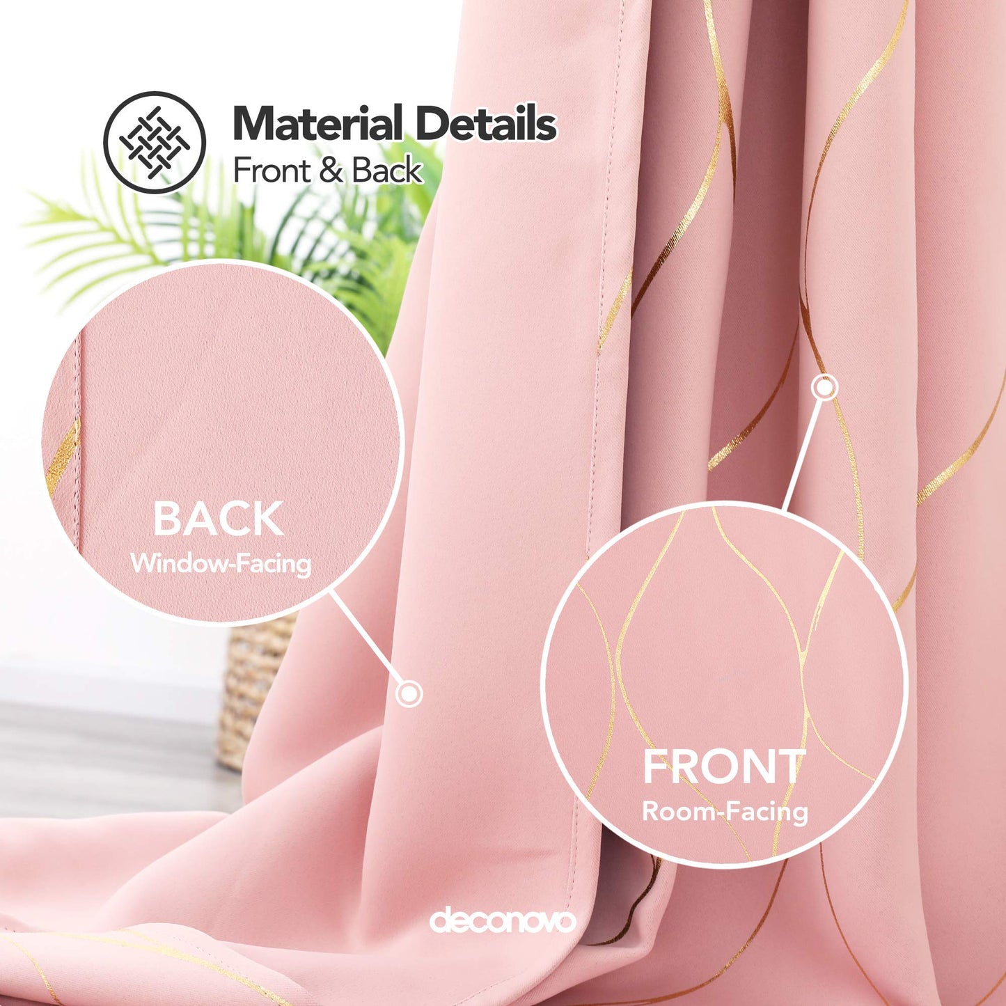 Deconovo Coral Pink Blackout Curtains 2 Panel Set for Bedroom, Thermal Insulated Grommet Room Darkening Window Drapes for Living Room, Gold Line Foil Print, 42W x 72L Inch