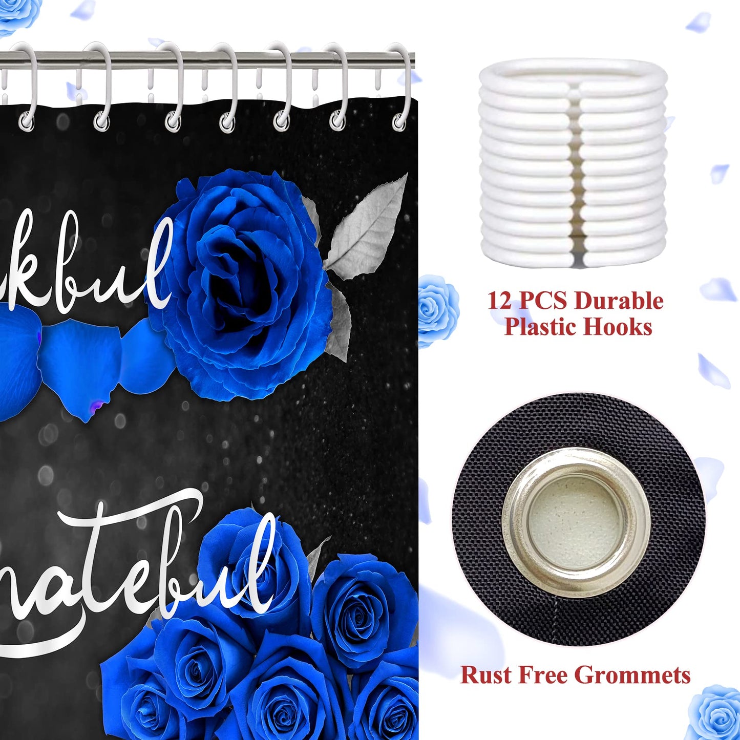 4Pcs Blue Rose Shower Curtain Set, Thankful Grateful Blessed Bathroom Curtain with Non-Slip Rug, Toilet Lid Cover, Bath Mat and 12 Hooks, Romantic Royal Blue Floral Wedding Decor for Bath, 72 x 72 in