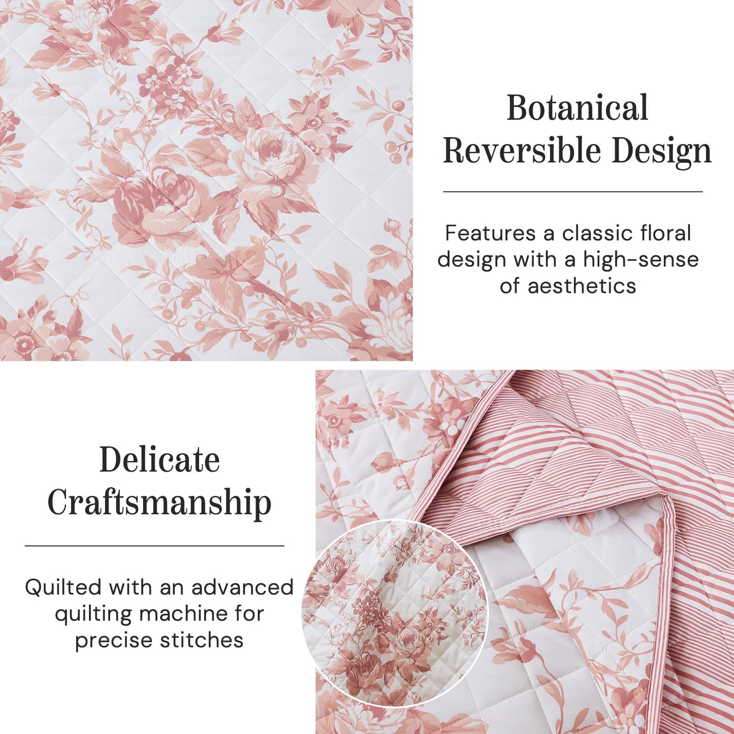 BLOOMHAVEN Quilt Set Queen Size, Dusty Rose Floral Quilt Sets, Reversible Bedspread Lightweight and Breathable for All Seasons, Soft Quilted Bedspread with 2 Pillow Shams