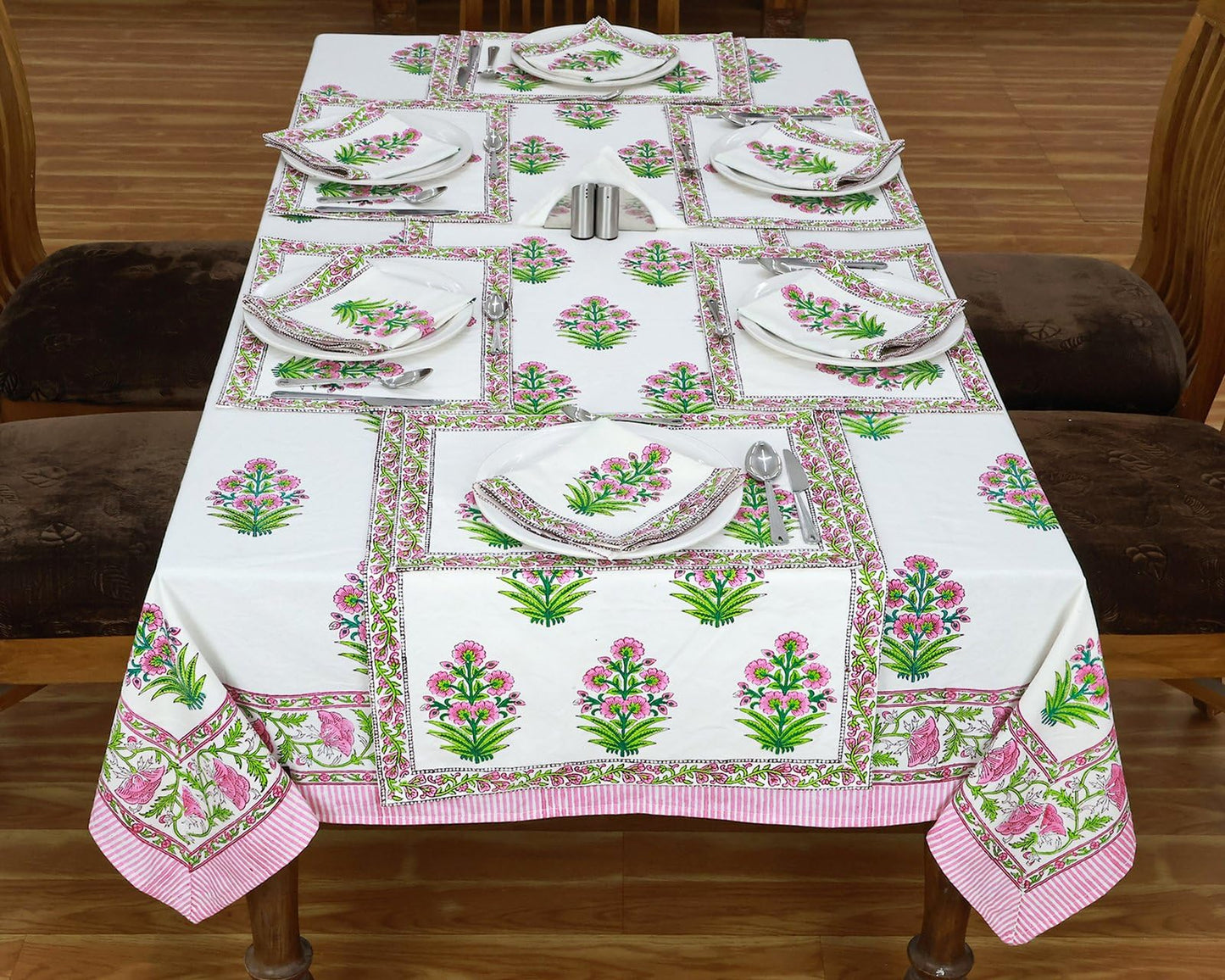 60x60 Inches Square Hand Block Printed Cotton Tablecloth, White Pink Floral Table Cloths Washable, Indian Table Linen for Christmas Thanksgiving Gifts Home Decor Dining Outdoor