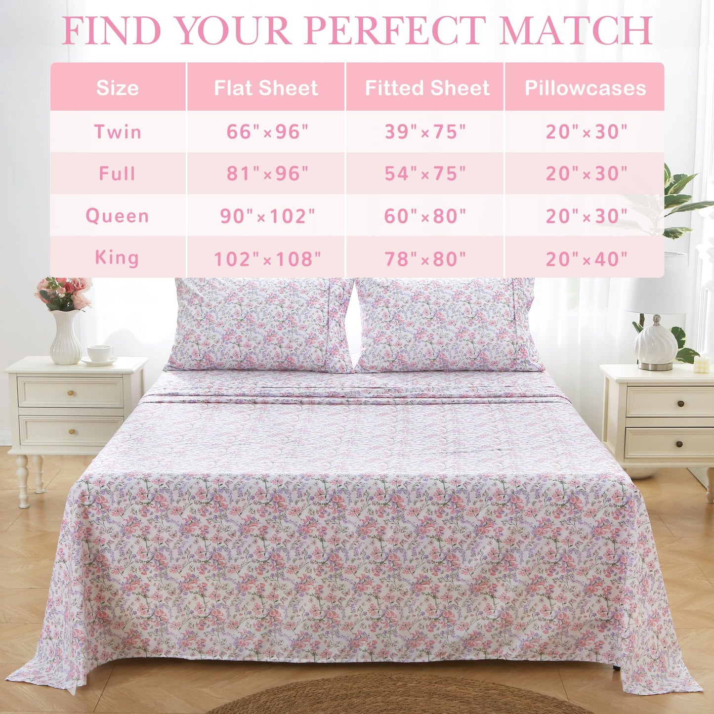 Mooreeke Cozy Vintage Microfiber Printed Queen Sheet Set - Soft Breathable Percale Cotton Floral Bed Sheets with Deep Pocket - Non-Slip Fitted Design - Pink Purple Flowers Pattern