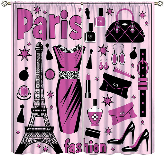 VUMIVI Paris Fashion City Curtains Eiffel Tower Perfume Modern Decor Dresses Pink Illustrations Rod Pocket Window Treatments for Bedroom Kitchen Living Dining Apartment Dorms Cafe 42" W X 44.5" L