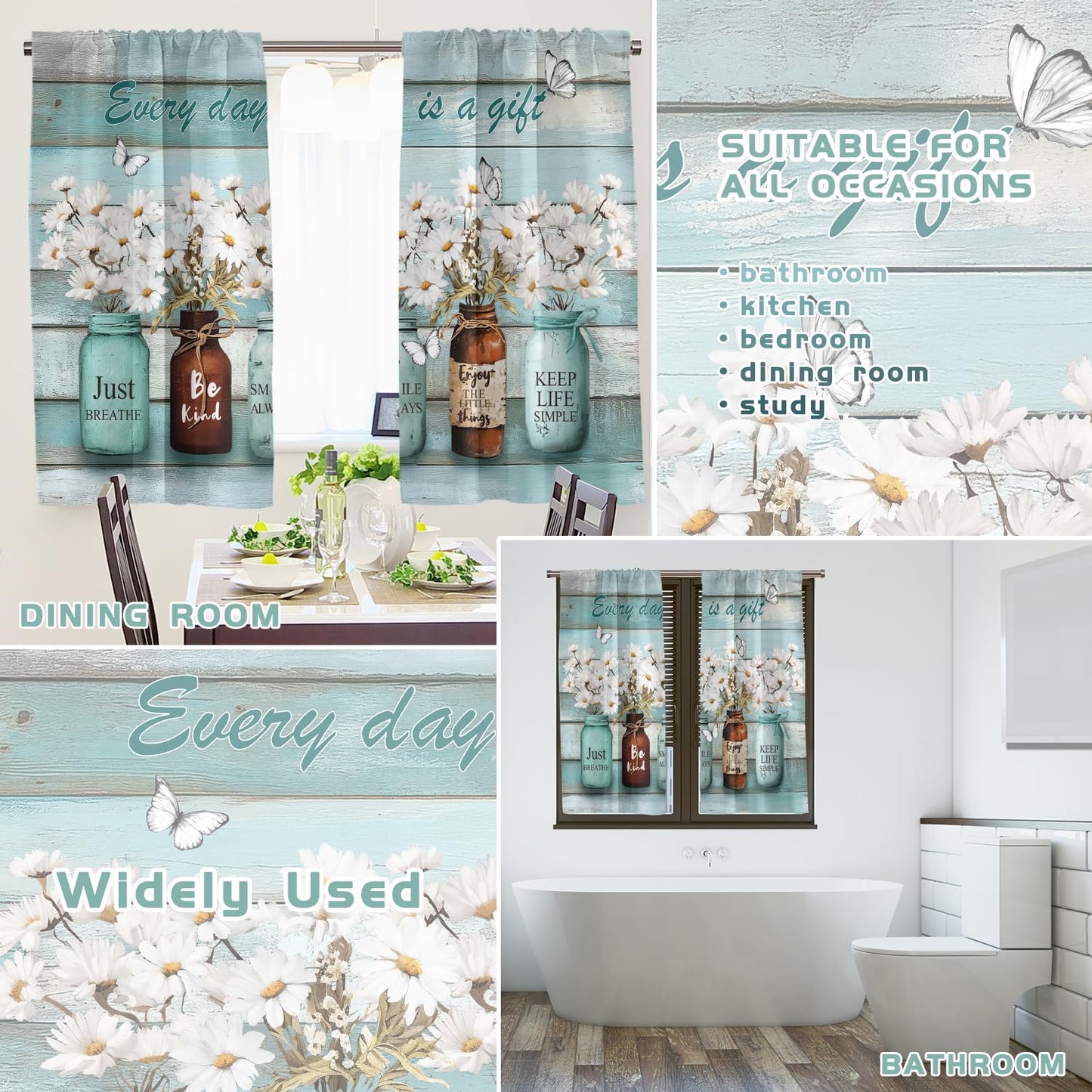 EOVDSFW Teal Floral Kitchen Curtains, Small Short Tiers, 27.5 x 39 Inch
