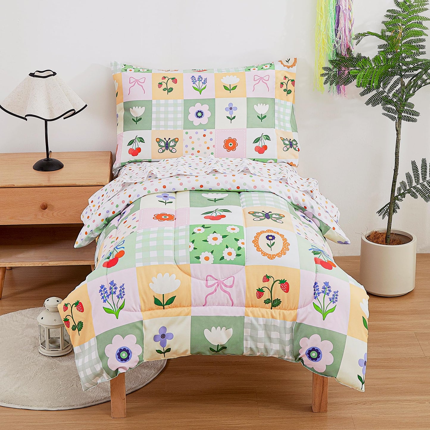 Mooreeke 4 Pieces Toddler Bedding Set - Green Floral Butterfly Toddler Comforter Sets for Girls, Includes Comforter, Flat Sheet, Fitted Sheet and Pillowcase, Bed in A Bag for Baby Bedroom