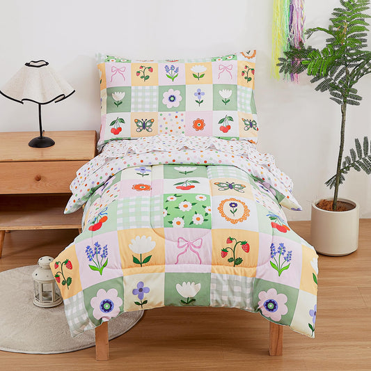 Mooreeke 4 Pieces Toddler Bedding Set - Green Floral Butterfly Toddler Comforter Sets for Girls, Includes Comforter, Flat Sheet, Fitted Sheet and Pillowcase, Bed in A Bag for Baby Bedroom