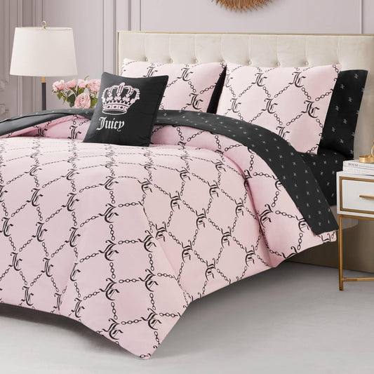 Juicy Couture Light Pink/Black Link Logo Printed Comforter Set, Queen – Complete 8-Piece Bed in a Bag Collection