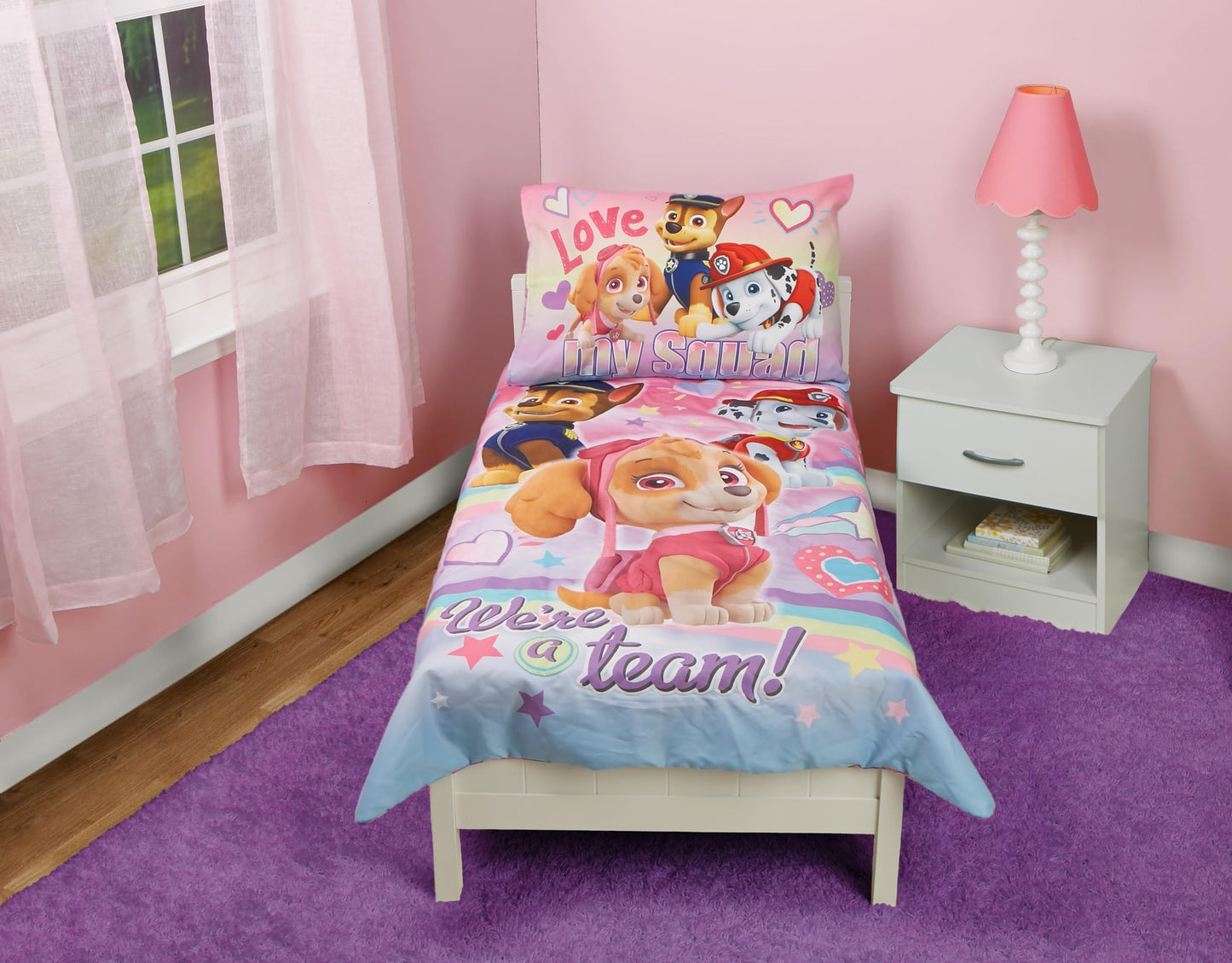 Paw Patrol Skye We're A Team 4 Piece Toddler Bedding Set - Includes Comforter, Sheet Set - Fitted + Top Sheet + Reversible Pillow Case for Girls Bed, Pink