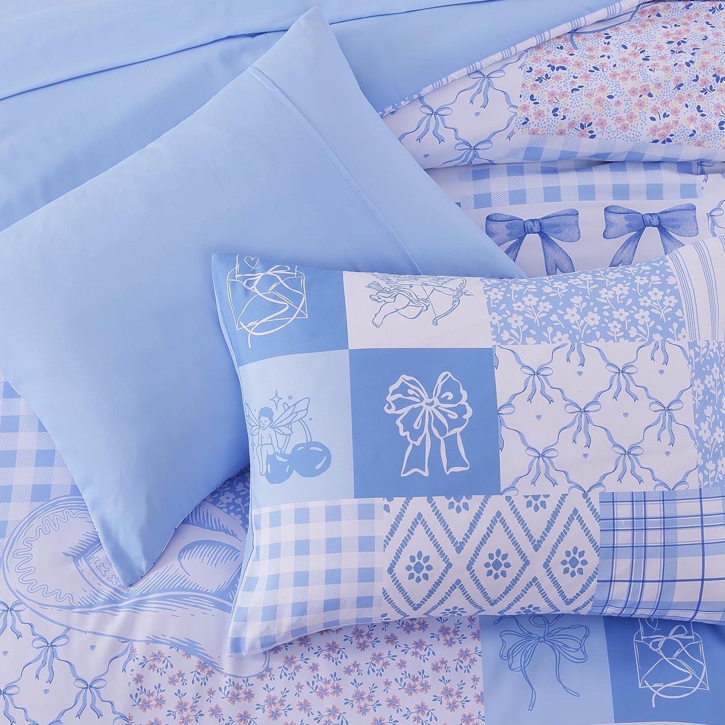 AMBERSPACE Twin XL Comforter Set for Girls, Cute Blue Bow Bedding 5 Pieces Kids Bed Set, All Season Dorm Bed in a Bag with Sheets, Pillowcase & Sham