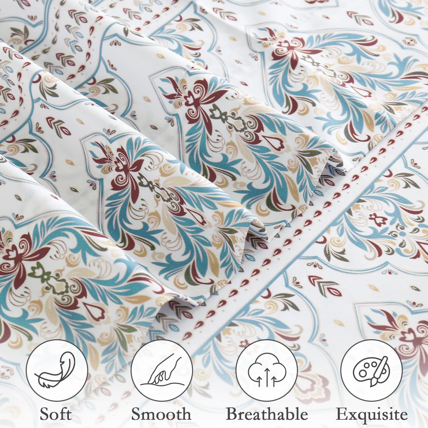 ChicView King Size Paisley Printed Sheet Set,4 Pieces Boho Style Breathable Soft Microfiber Bedsheets, Anti Pilling Deep Pockets Easy Care Bed Sheets, White Green