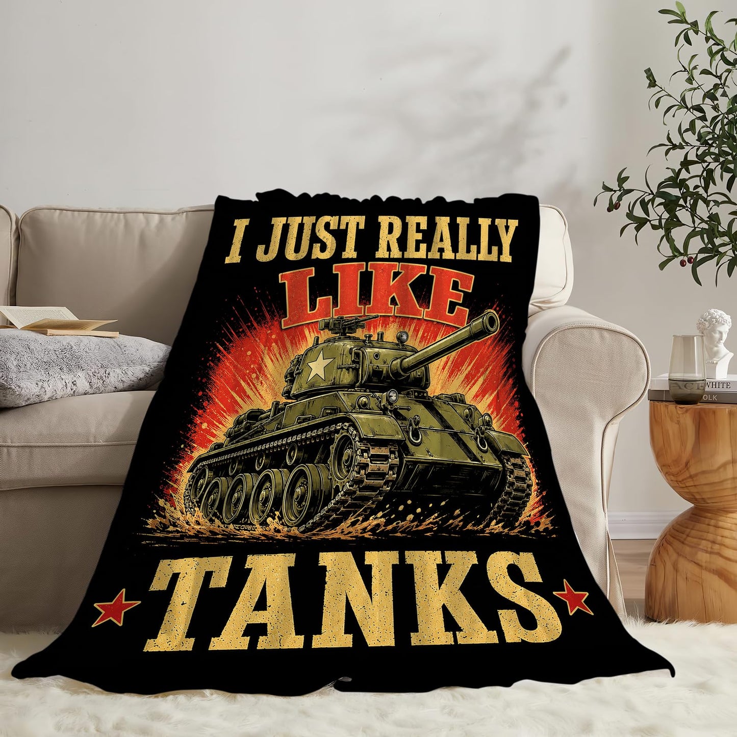 Tank Blanket Soft Fuzzy Fleece I Just Really Like Tanks Throw Blankets Decor Cozy Warm Plush Flannel Military Blanket Gifts For Boys Men Girls Kids Teens Adults Home Decor Stuff Sofa Couch Bed 50"X40"
