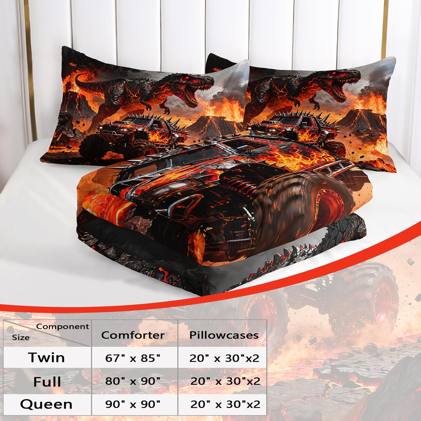 AILONEN Dino Monster Truck Comforter Set Twin 3 Piece - Black Volcano Flame Bedding for Kids Boys - Soft Microfiber with 2 Pillowcases