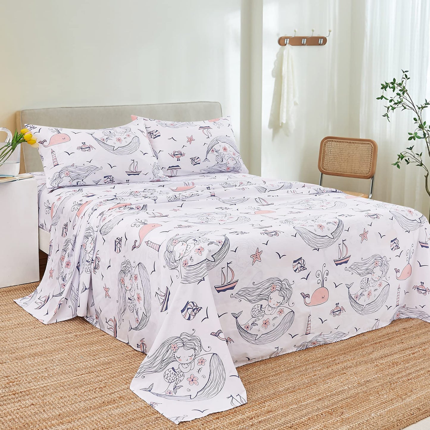 JSD Mermaid Girls Sheet Set Twin Size, 3 Piece Ocean Theme Microfiber Kids Bed Sheets Deep Pocket