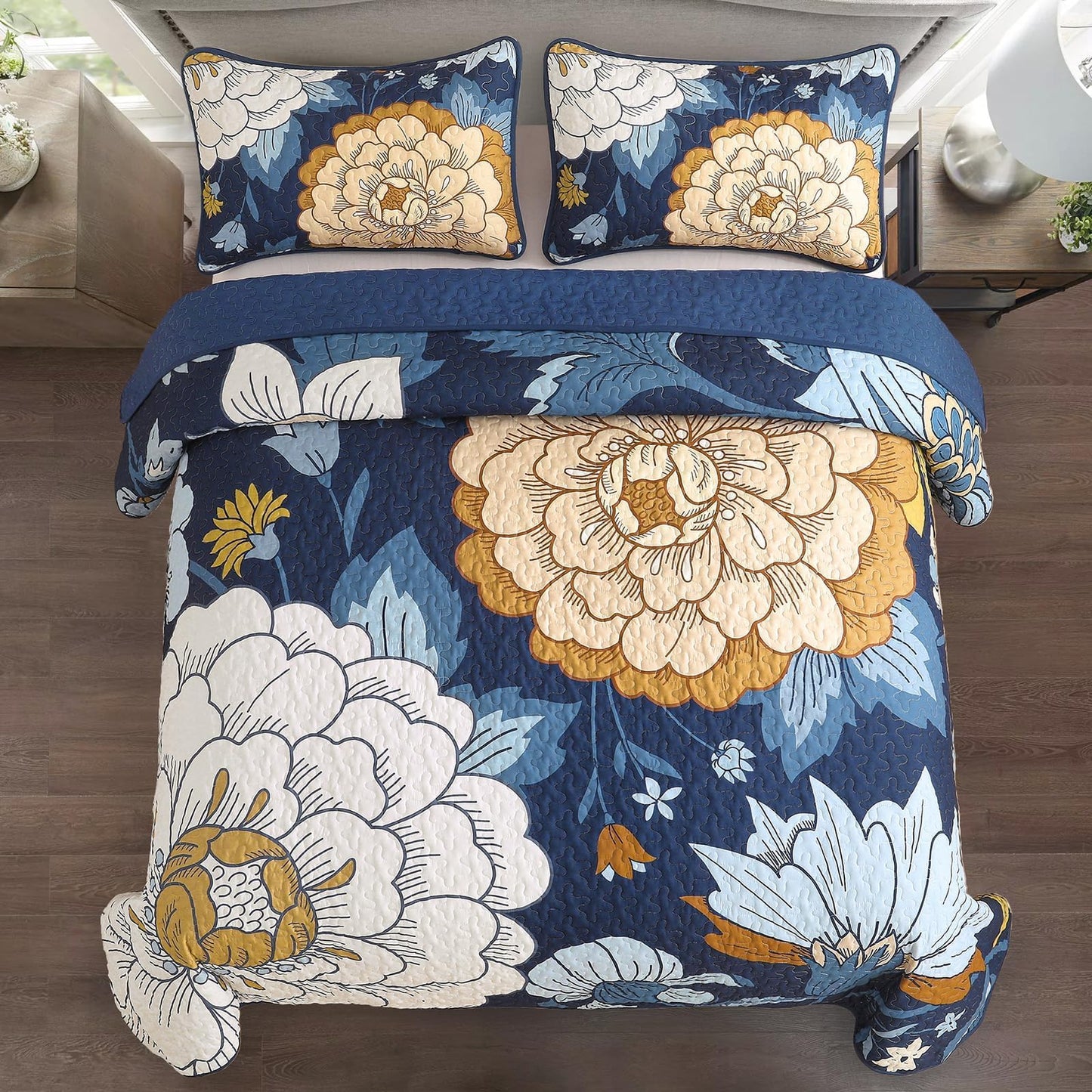 DJY Navy Floral Quilt Set Queen Size Boho Bedspread Coverlet Set, 3 Piece Botanical Quilt Soft Microfiber Blue Floral Bohemian Bedding Set with 2 Pillowcases for All Season, 96''x90''