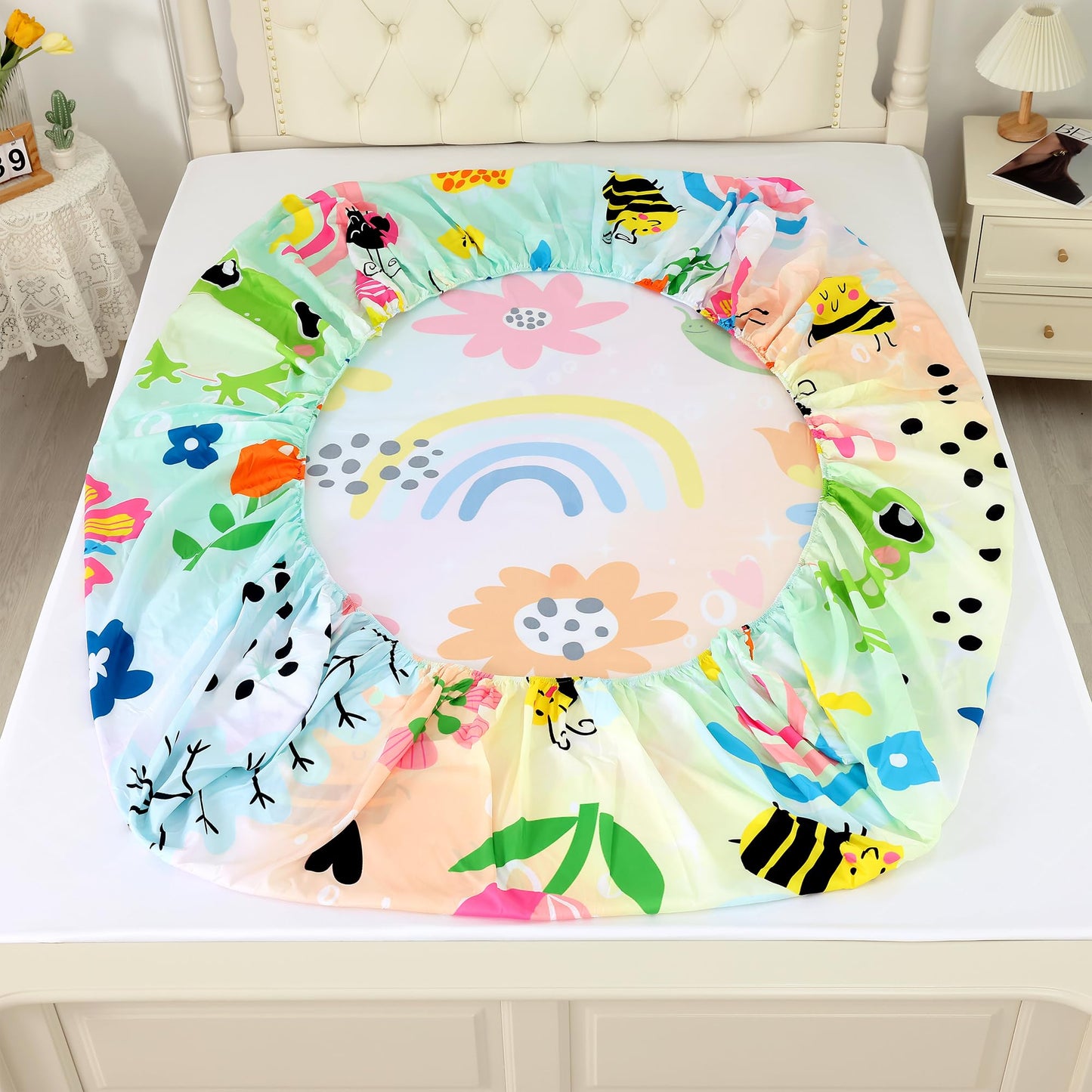 FUYEUN Rainbow Frogs Fitted Sheet Sets,Cartoon Floral Kids Bedding Twin Size for Girls Teens Adults Bedroom Bed, Kawaii Sheets Bedspread Set,1 Flat Sheet 1 Fitted Sheet 1 Pillowcase