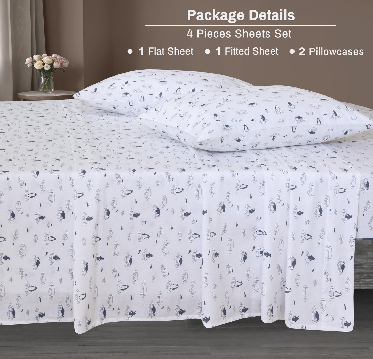 ZOYER Flannel Sheets King Size - 100% Cotton Double Brushed King Size Sheets Set - Deep Pockets 16 Inches Bed Sheets - All Seasons Breathable & Extra Soft - Warm & Cozy, 4 Piece, Peguin Edge