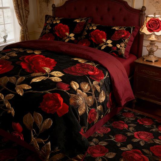 CCoutueChen Queen Size Comforter Set - 3 Pieces Red Roses Pattern Vintage Floral Bedding for Adult Women Black Flower Decor Comforter Set with 2 Pillowcases/90 * 90