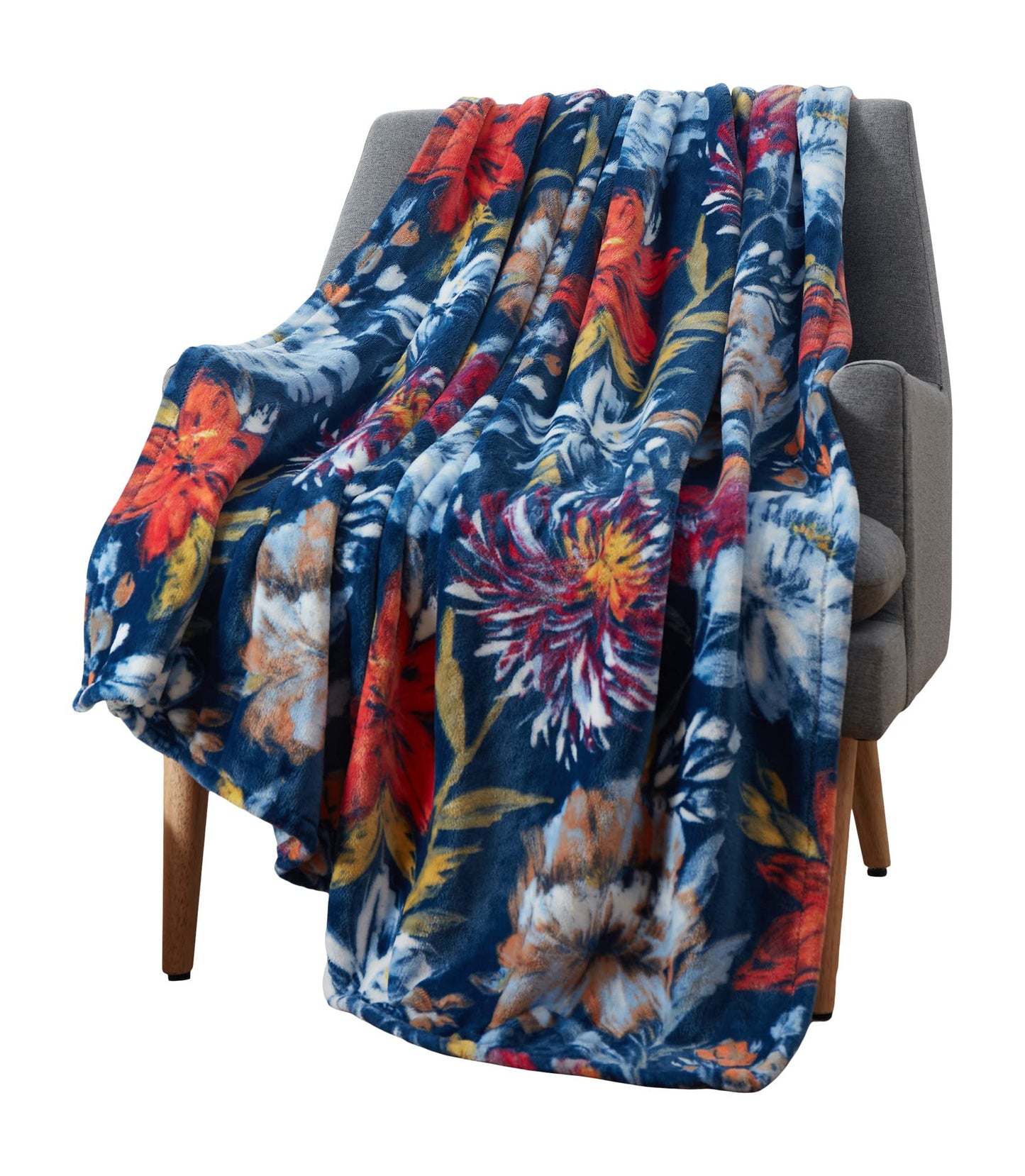 Serafina Home Floral Fleece Throw Blanket: Velvety Soft, Durable Blue Red Coral White Lavender Flower Design Accent for Bed or Couch Blue, Oversized 50 x 70 inches