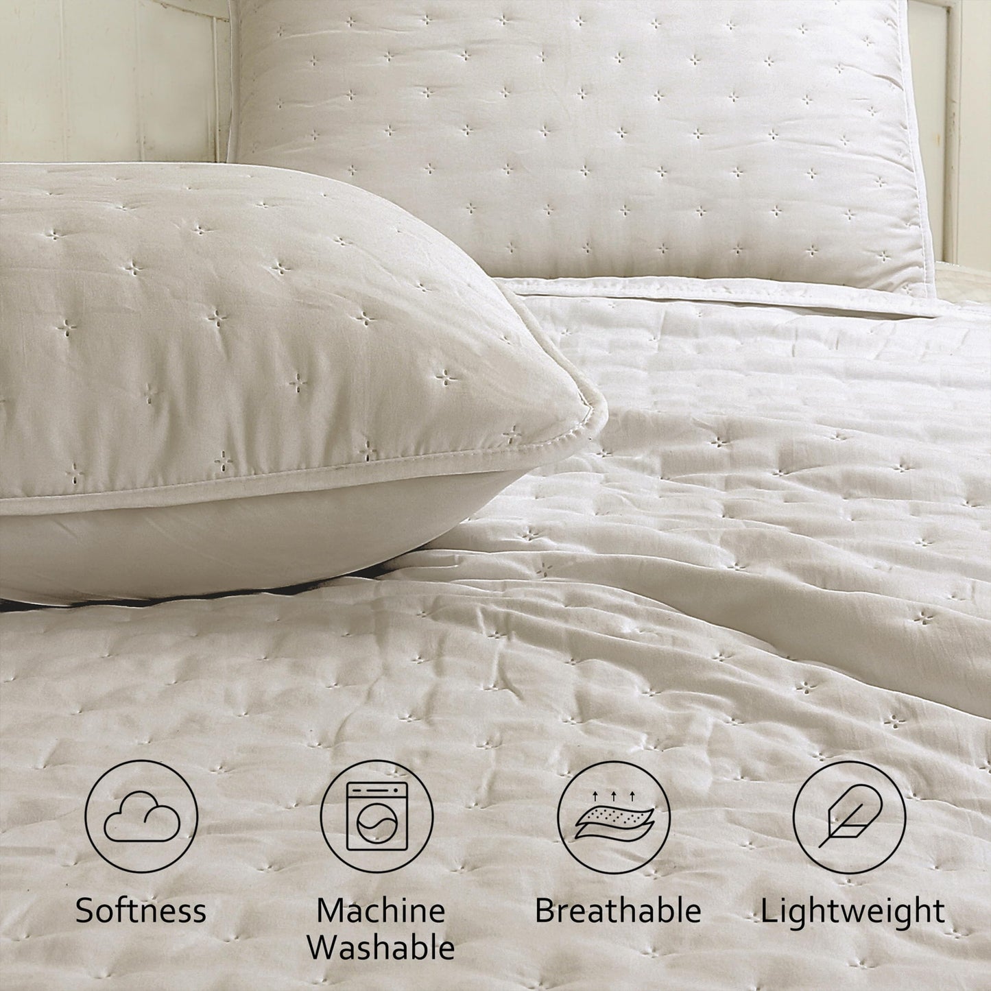 ROARINGWILD Beige Queen Size Quilt Bedding Set with 2 Pillow Shams, Full Lightweight Soft Microfiber Bedspread Coverlet, Thin Comforter Bed Cover for All Season, 3 Pieces, 90x90 inches