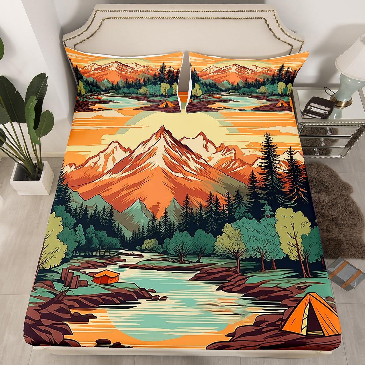 Mountain River Fitted Sheet Twin Size,Retro Adventure Theme Sheet Set 2Pcs,Nature Scenery Tent Printed Bedding Set for Kids Boys Girls Room Decor,Camping Style Luxury Bed Sheet,1 Pillowcase
