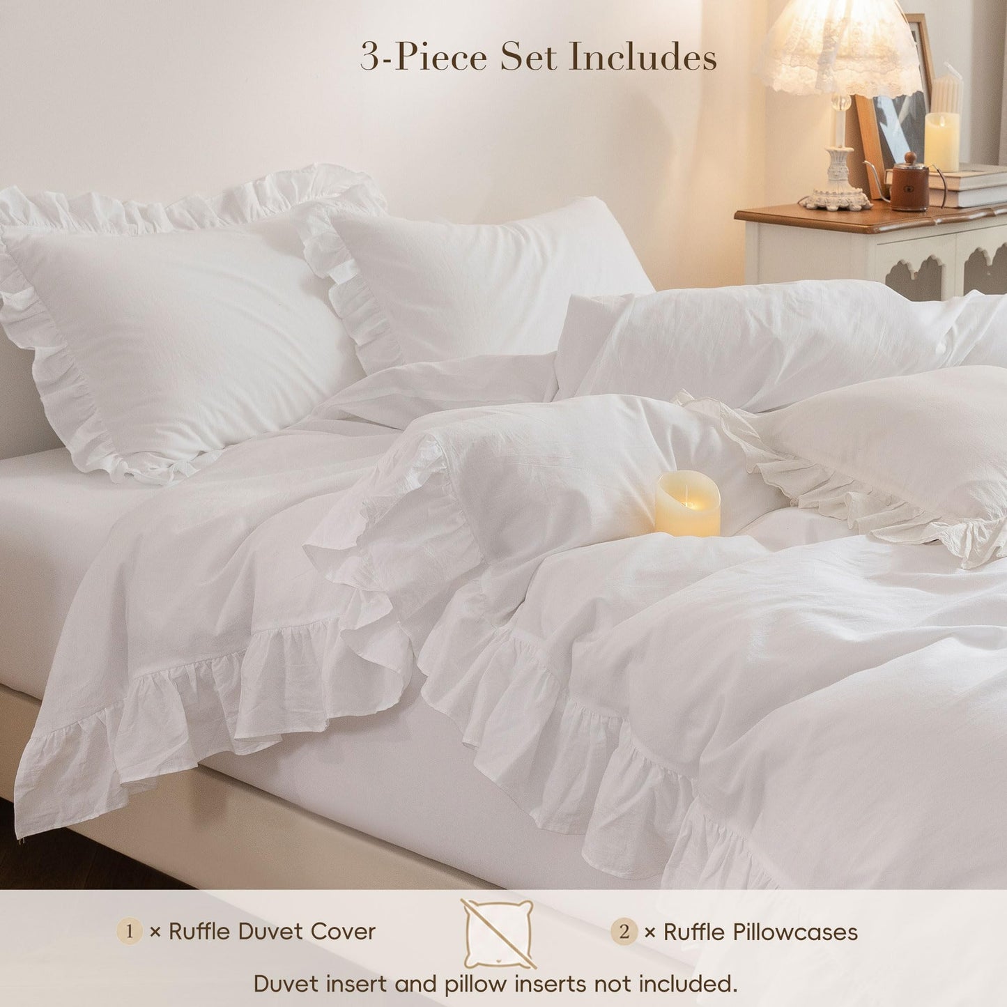 Ruffle Duvet Cover Queen Size: 100% Washed Cotton Linen Like Textured Soft