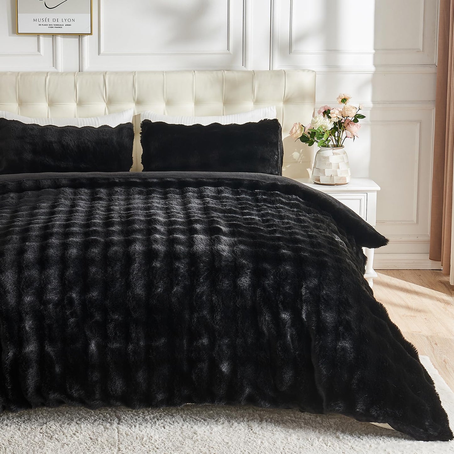 Lotus Karen Faux Fur Comforter Set Queen – Black Fluffy Big Bubble Faux Rabbit Fur Winter Comforter Sets, Warm Cozy Fuzzy Bed Set 3 Pieces, 1 Comforter and 2 Pillowcases
