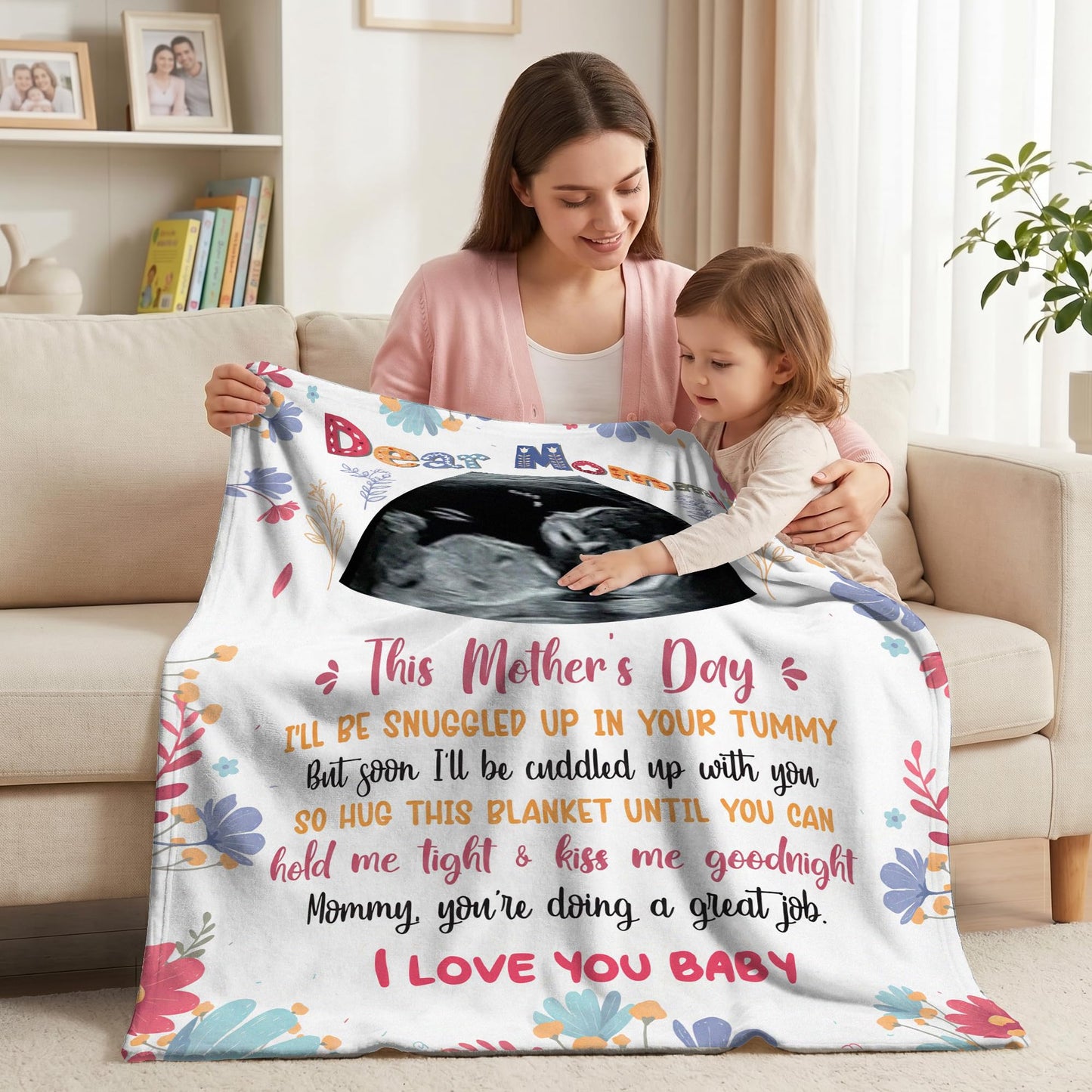 KiKiLuna Personalized Ultrasound Photo Dear Mommy Blanket, First for Expecting Mom, Flannel Throw Gift for Pregnant Women, Pregnancy Announcement Baby Bump Tummy Snuggle Quote