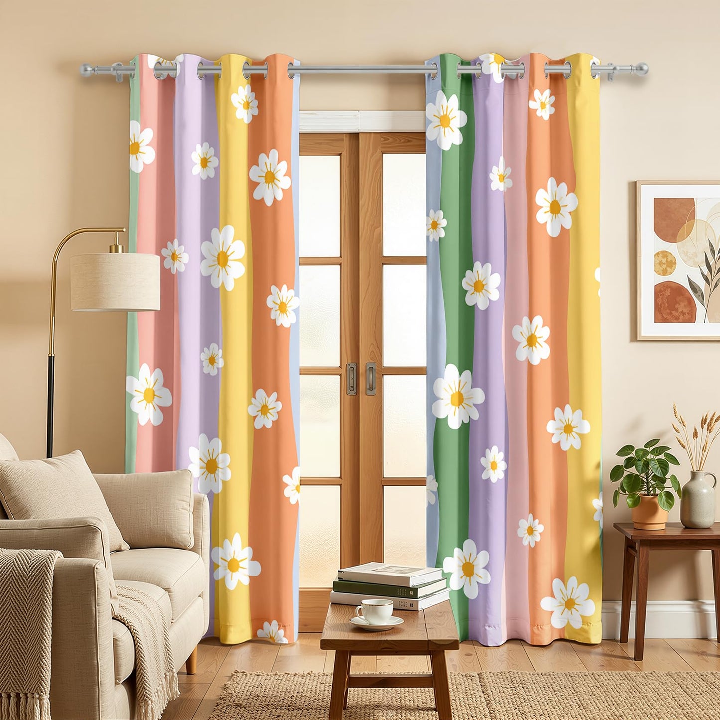 Mistwalk Retro 70s Daisy Blackout Curtains for Bedroom & Living Room, 63 Inch Curtains 2 Panel Set, Room Darkening Thermal Insulated Grommet Drapes, Girls Rainbow Floral Patterned Window Treatments