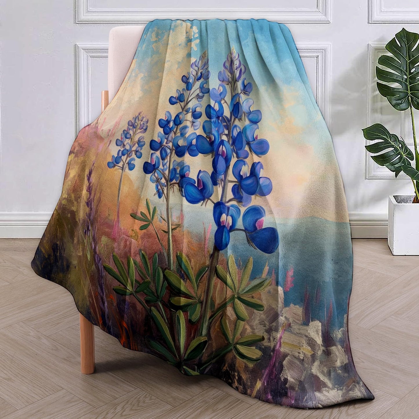 VANZEV Bluebonnet Flower Painting Blanket, Artistic Floral Flannel Throw Blankets,Soft Warm Lightweight Cozy Plush Throws for Bedroom Sofa Office Home Decor Gifts for Women Girls 60"x50"