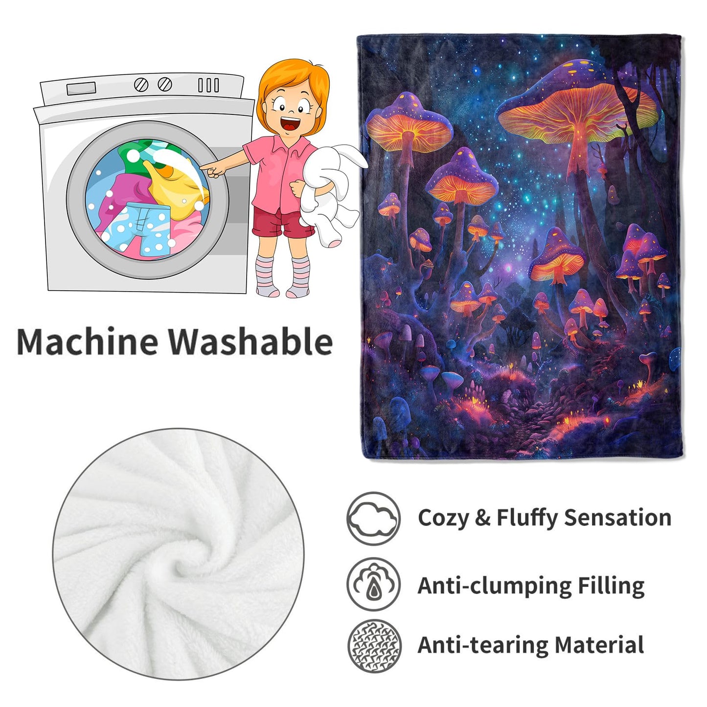VODRM Mushroom Blanket Enchanted Forest Throw Blankets,Birthday Gifts for Kids Adult,Lightweight Soft Fleece with Glowing Starry Night,for Sofa Couch Bed Room Artistic Decor 50x60in
