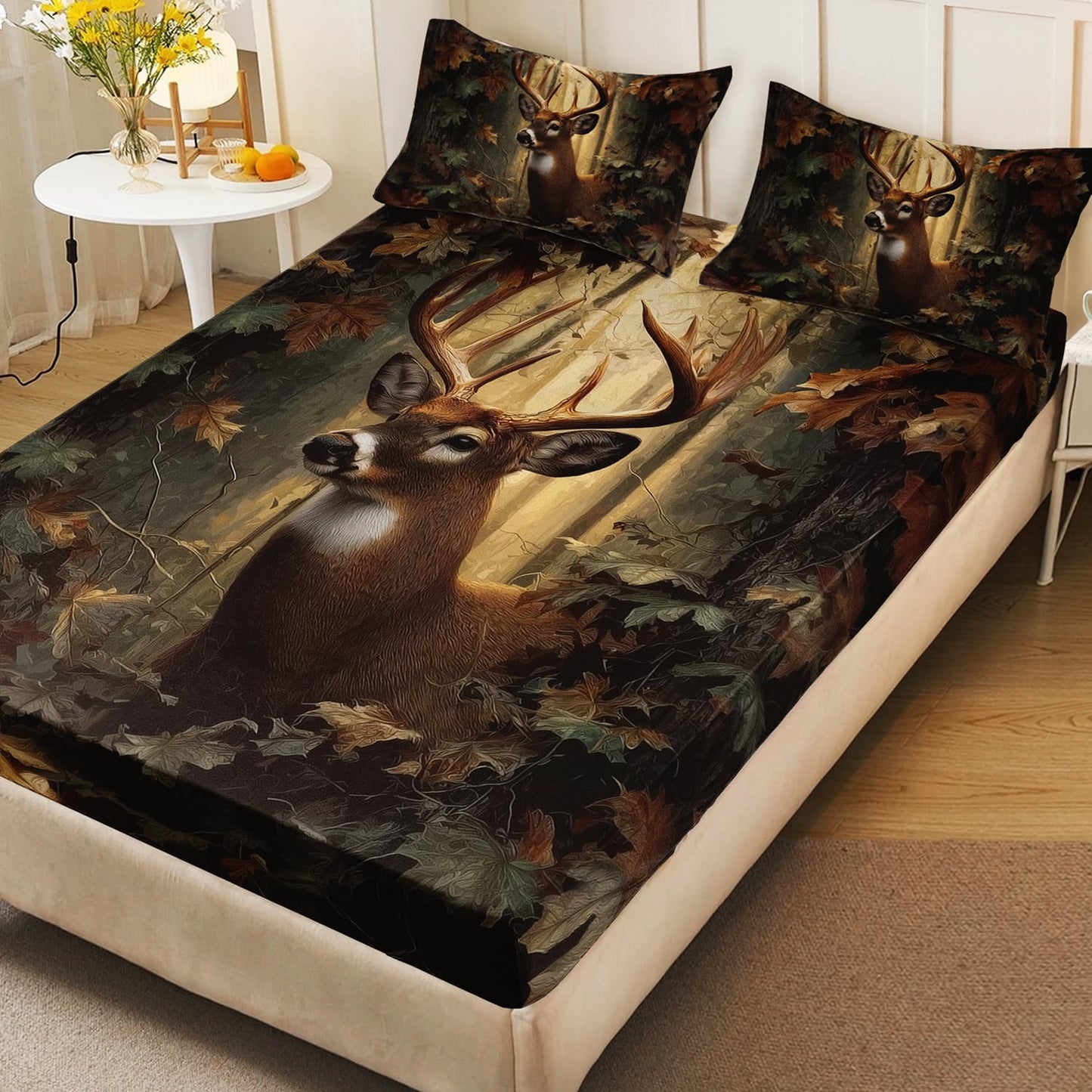 HOSIMA Deer Fitted Sheet Full for Kids,Lightweight Brown Animal Bedding for Teens Boys Room Decor,Hunting Themed Forest Deer Bedding,1 Fitted Sheet+2 Pillowcases.